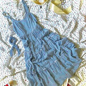 Charming Blue Cherry Gingham Tiered Midi Dress with Matching Scrunchie